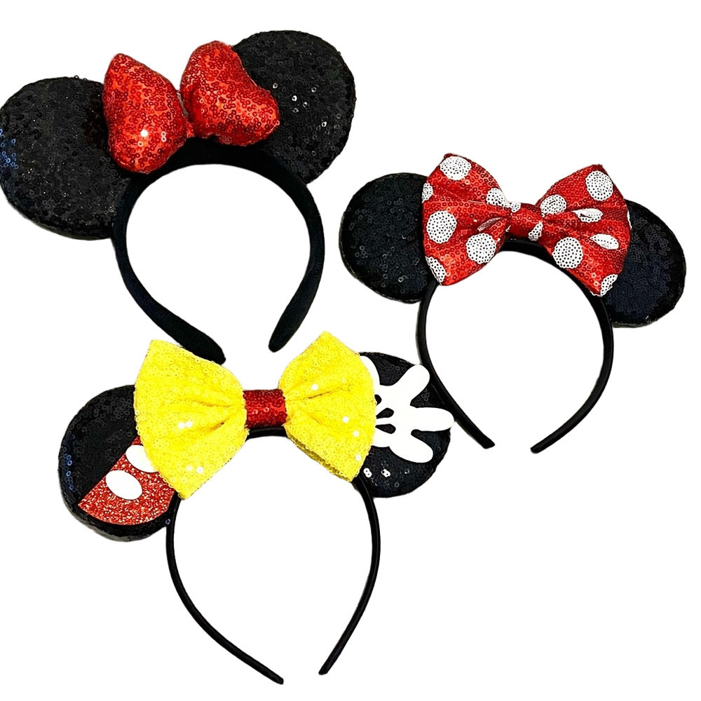 Disney Mickey & Minnie Mouse Ears Set of 3 Sparkling Mouse Ear With Bow Headband